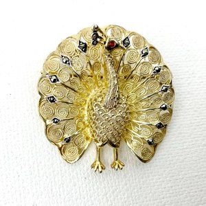 Vintage Alice Caviness Sterling Silver Filigree Marcasite Peacock Brooch Pin